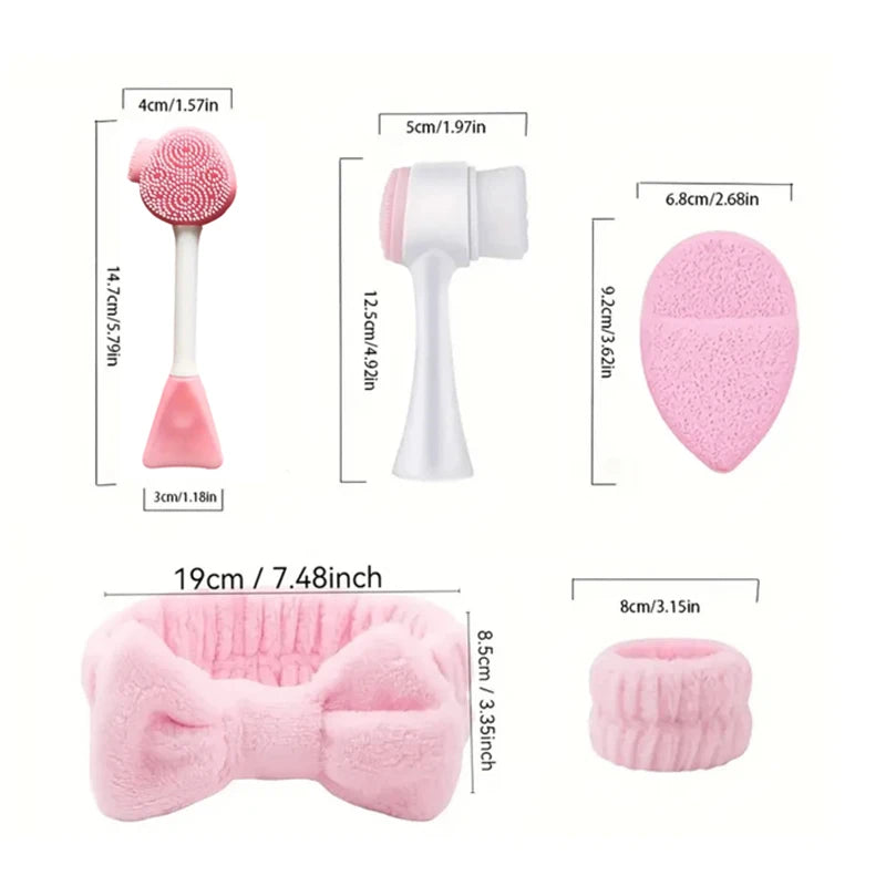 Juego de belleza para maquillaje y lavado de cara de 7 piezas, incluidos 3 juegos de diademas, 1 bolsa de cosméticos, 2 cepillos para lavado de cara y 1 soplo para polvos