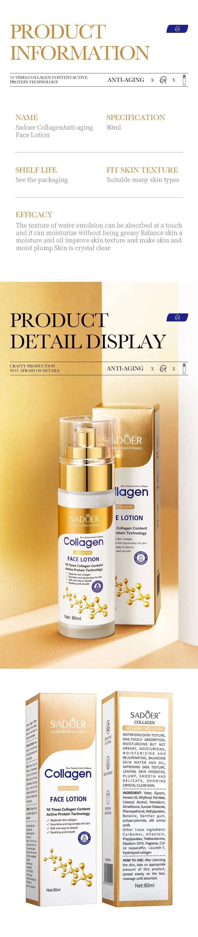 SADOER-suero Facial de colágeno, loción Facial, emulsión Facial hidratante, Control de aceite, reposición de agua, esencia Facial refrescante