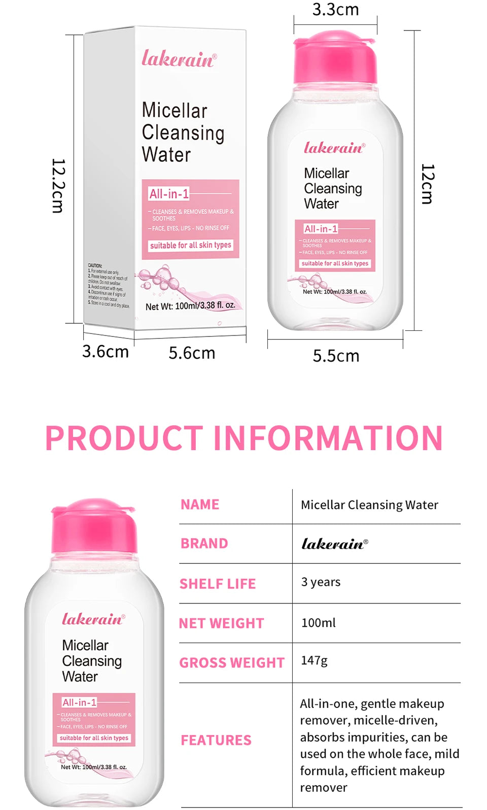 Limpiador micelar suave, removedor de maquillaje suave con agua, limpiador todo en 1, frotamiento, no estimulante, Cosméticos Coreanos