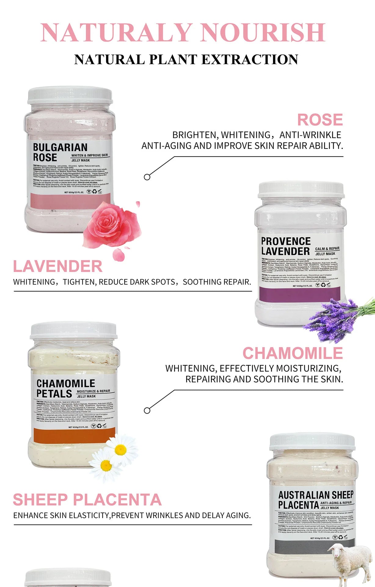 Mascarilla hidratante Facial de ácido hialurónico de manzanilla, 650g, en polvo con cepillo de silicona que aumenta la elasticidad de la piel, mascarilla de gelatina de rosas