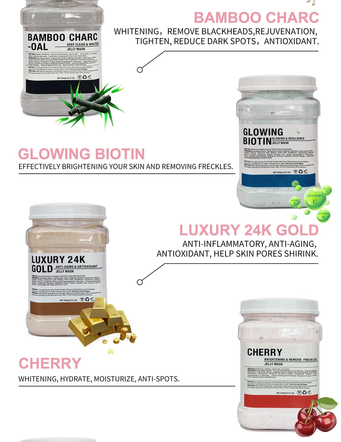 Mascarilla hidratante Facial de ácido hialurónico de manzanilla, 650g, en polvo con cepillo de silicona que aumenta la elasticidad de la piel, mascarilla de gelatina de rosas