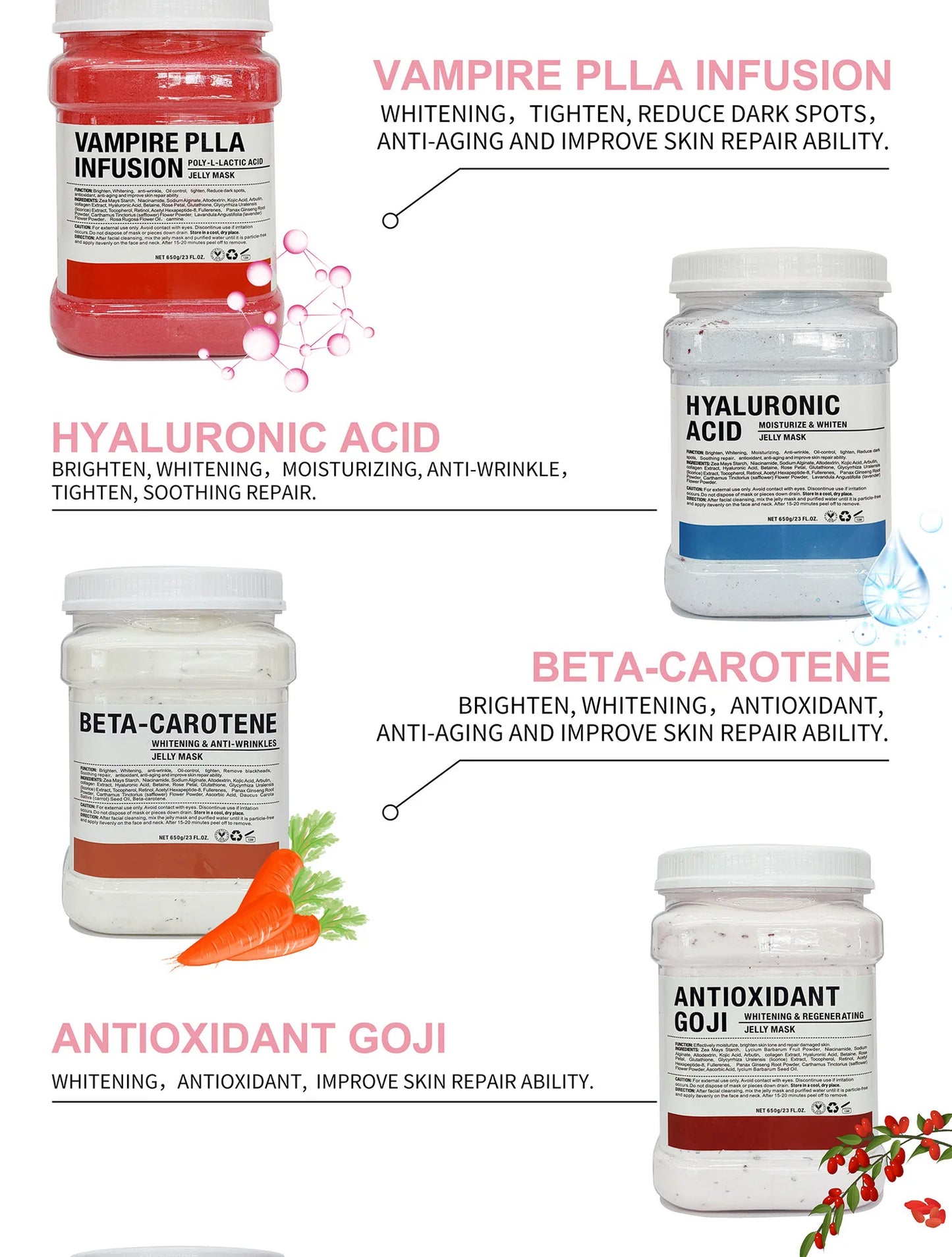 Mascarilla hidratante Facial de ácido hialurónico de manzanilla, 650g, en polvo con cepillo de silicona que aumenta la elasticidad de la piel, mascarilla de gelatina de rosas