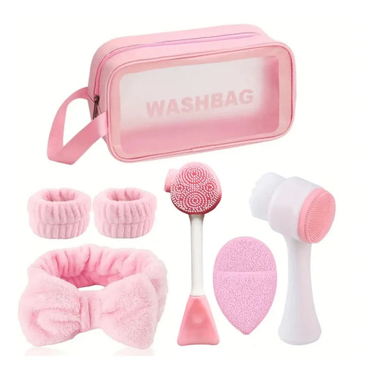 Juego de belleza para maquillaje y lavado de cara de 7 piezas, incluidos 3 juegos de diademas, 1 bolsa de cosméticos, 2 cepillos para lavado de cara y 1 soplo para polvos