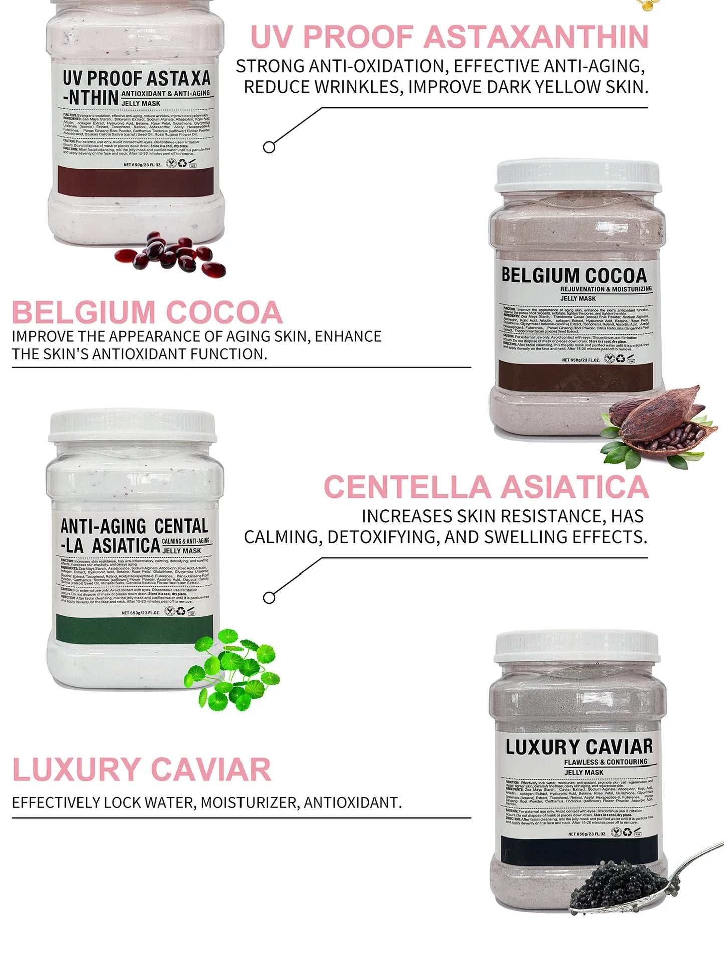 Mascarilla hidratante Facial de ácido hialurónico de manzanilla, 650g, en polvo con cepillo de silicona que aumenta la elasticidad de la piel, mascarilla de gelatina de rosas