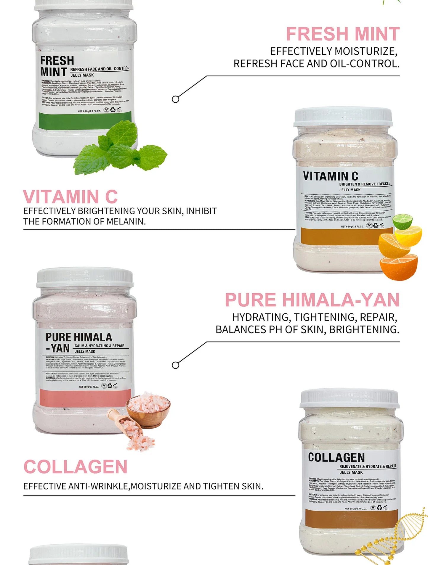 Mascarilla hidratante Facial de ácido hialurónico de manzanilla, 650g, en polvo con cepillo de silicona que aumenta la elasticidad de la piel, mascarilla de gelatina de rosas