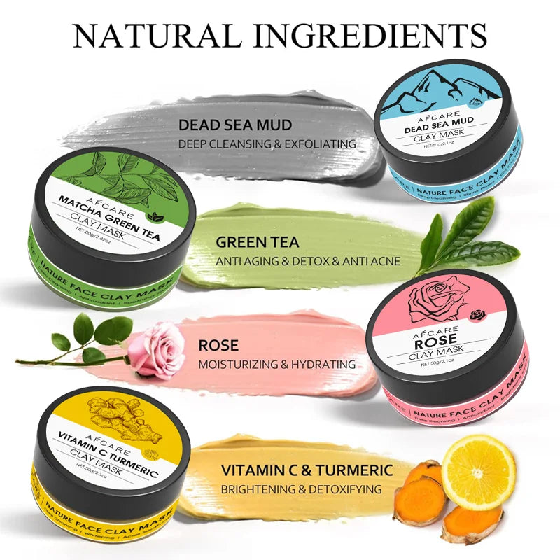 Juego de mascarillas faciales de arcilla, 4 Uds., cúrcuma, vitamina C, té verde, barro del Mar muerto, arcilla rosa, limpieza profunda, hidratación, refinación de poros, 320g