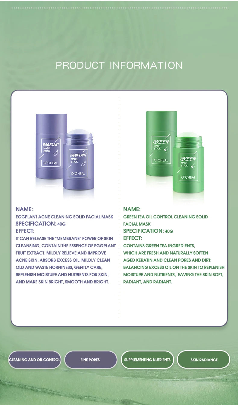 Mascarilla facial sólida en barra, té verde, miel, melocotón, limpieza de poros, hidratante, película de barro de berenjena de carbón largo