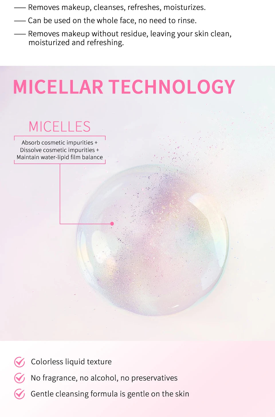 Limpiador micelar suave, removedor de maquillaje suave con agua, limpiador todo en 1, frotamiento, no estimulante, Cosméticos Coreanos